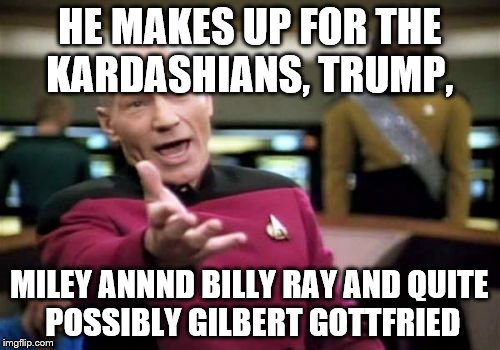 Picard Wtf Meme | HE MAKES UP FOR THE KARDASHIANS, TRUMP, MILEY ANNND BILLY RAY AND QUITE POSSIBLY GILBERT GOTTFRIED | image tagged in memes,picard wtf | made w/ Imgflip meme maker