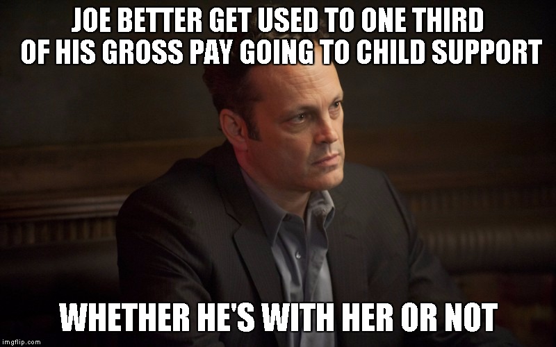Vince Vaughn | JOE BETTER GET USED TO ONE THIRD OF HIS GROSS PAY GOING TO CHILD SUPPORT WHETHER HE'S WITH HER OR NOT | image tagged in vince vaughn | made w/ Imgflip meme maker