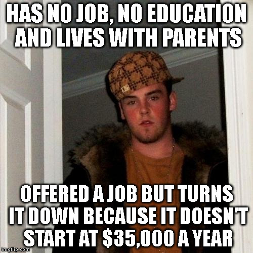 Young liberal millennial  | HAS NO JOB, NO EDUCATION AND LIVES WITH PARENTS; OFFERED A JOB BUT TURNS IT DOWN BECAUSE IT DOESN'T START AT $35,000 A YEAR | image tagged in memes,scumbag steve,millennial,liberals | made w/ Imgflip meme maker