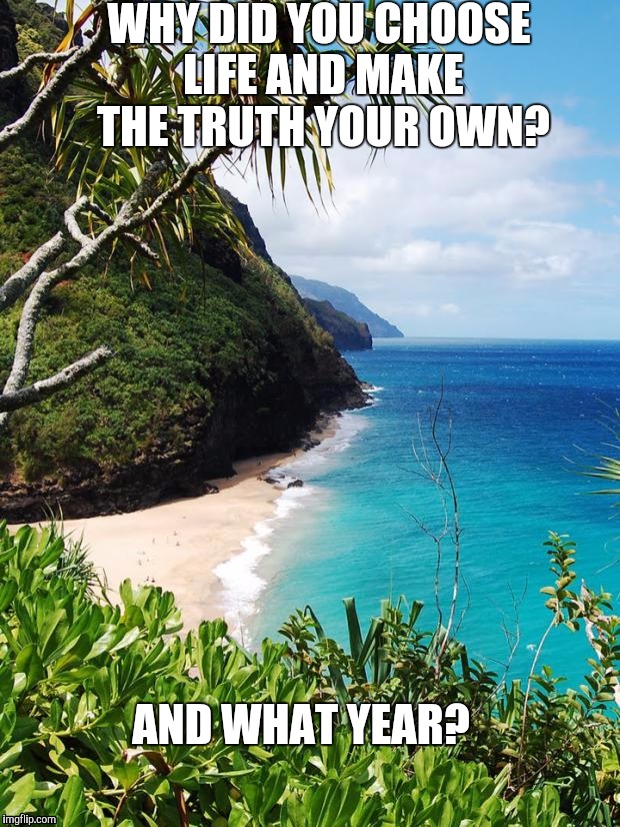 Paradise Island  | WHY DID YOU CHOOSE LIFE AND MAKE THE TRUTH YOUR OWN? AND WHAT YEAR? | image tagged in paradise island | made w/ Imgflip meme maker