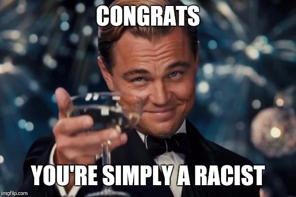 Leonardo Dicaprio Cheers Meme | CONGRATS YOU'RE SIMPLY A RACIST | image tagged in memes,leonardo dicaprio cheers | made w/ Imgflip meme maker