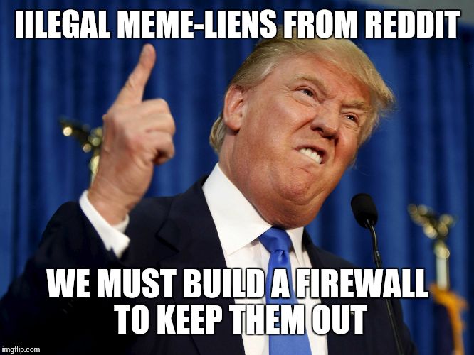 trump | IILEGAL MEME-LIENS FROM REDDIT WE MUST BUILD A FIREWALL TO KEEP THEM OUT | image tagged in trump | made w/ Imgflip meme maker