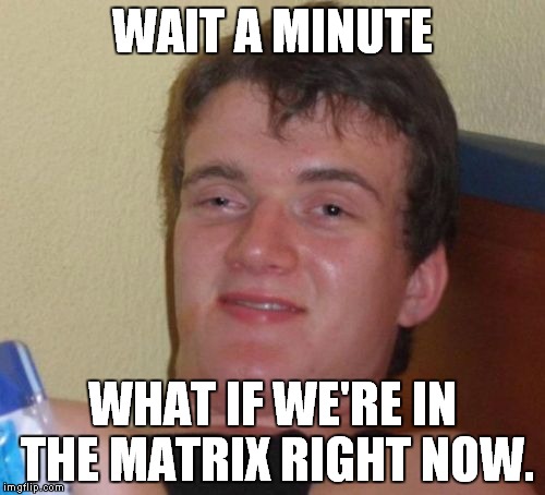 10 Guy | WAIT A MINUTE; WHAT IF WE'RE IN THE MATRIX RIGHT NOW. | image tagged in memes,10 guy | made w/ Imgflip meme maker