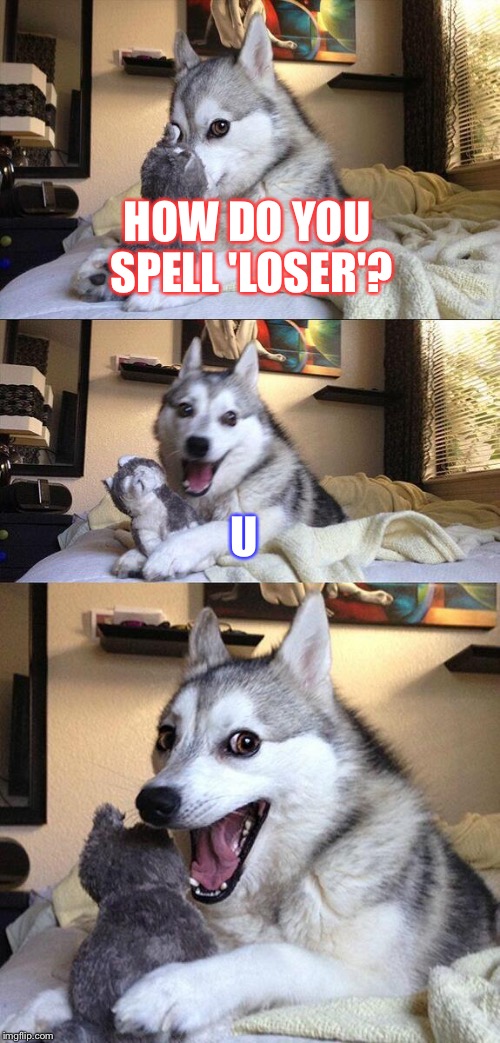 Bad Pun Dog | HOW DO YOU SPELL 'LOSER'? U | image tagged in memes,bad pun dog | made w/ Imgflip meme maker
