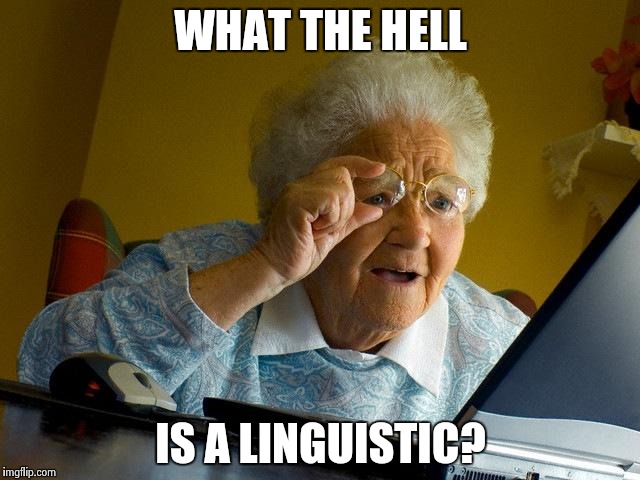 Grandma Finds The Internet | WHAT THE HELL; IS A LINGUISTIC? | image tagged in memes,grandma finds the internet | made w/ Imgflip meme maker