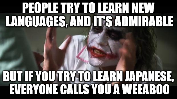 And everybody loses their minds | PEOPLE TRY TO LEARN NEW LANGUAGES, AND IT'S ADMIRABLE; BUT IF YOU TRY TO LEARN JAPANESE, EVERYONE CALLS YOU A WEEABOO | image tagged in memes,and everybody loses their minds | made w/ Imgflip meme maker