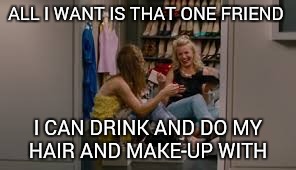 ALL I WANT IS THAT ONE FRIEND; I CAN DRINK AND DO MY HAIR AND MAKE-UP WITH | image tagged in drinking | made w/ Imgflip meme maker