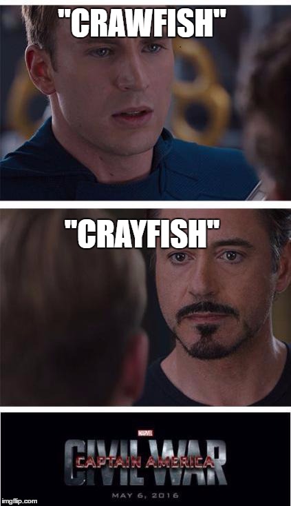 Mudbug technics | "CRAWFISH"; "CRAYFISH" | image tagged in memes,marvel civil war 1 | made w/ Imgflip meme maker