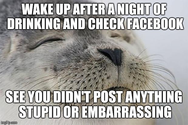 Satisfied Seal | WAKE UP AFTER A NIGHT OF DRINKING AND CHECK FACEBOOK; SEE YOU DIDN'T POST ANYTHING STUPID OR EMBARRASSING | image tagged in memes,satisfied seal,AdviceAnimals | made w/ Imgflip meme maker