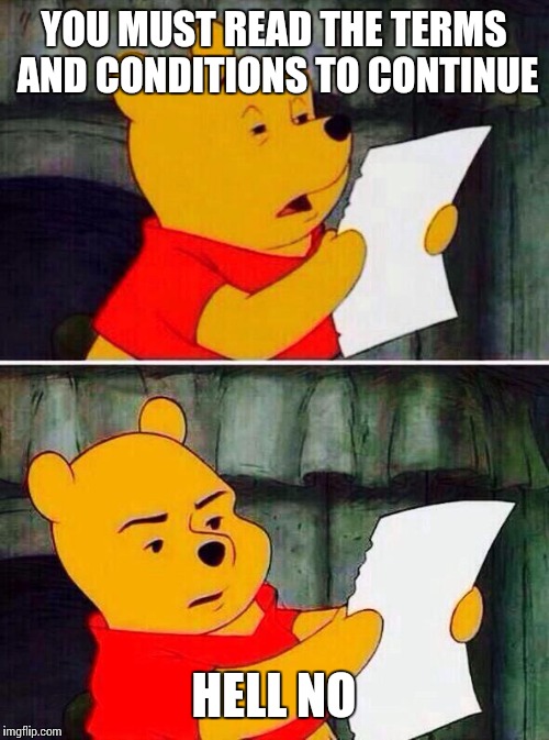 Pooh bear | YOU MUST READ THE TERMS AND CONDITIONS TO CONTINUE; HELL NO | image tagged in pooh bear,memes,funny memes | made w/ Imgflip meme maker