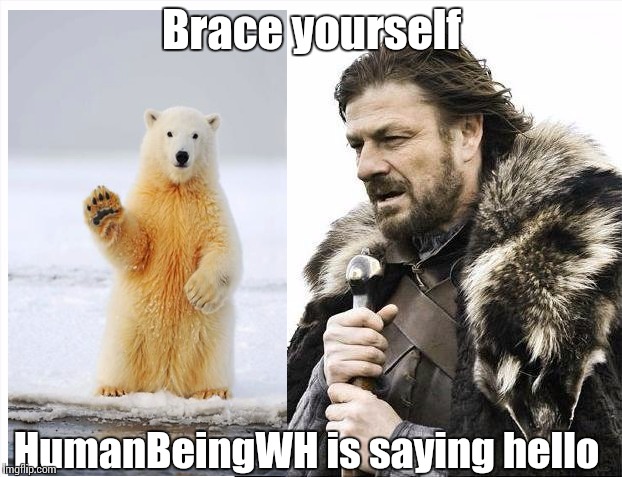Brace Yourselves X is Coming Meme | Brace yourself HumanBeingWH is saying hello | image tagged in memes,brace yourselves x is coming | made w/ Imgflip meme maker