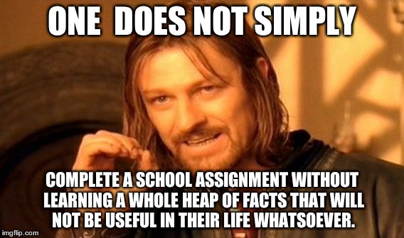 One Does Not Simply Meme | ONE  DOES NOT SIMPLY; COMPLETE A SCHOOL ASSIGNMENT WITHOUT LEARNING A WHOLE HEAP OF FACTS THAT WILL NOT BE USEFUL IN THEIR LIFE WHATSOEVER. | image tagged in memes,one does not simply | made w/ Imgflip meme maker