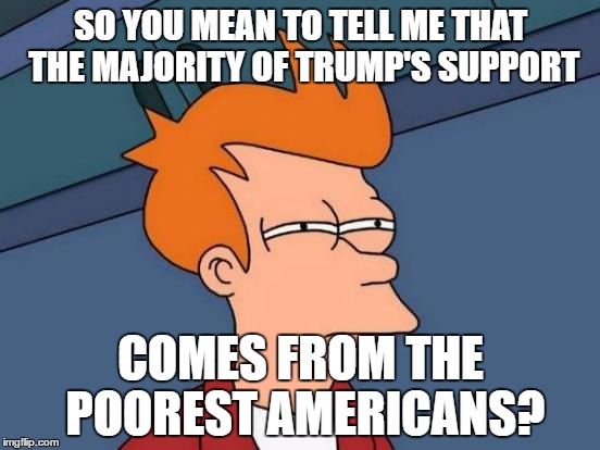 Futurama Fry | SO YOU MEAN TO TELL ME THAT THE MAJORITY OF TRUMP'S SUPPORT; COMES FROM THE POOREST AMERICANS? | image tagged in memes,futurama fry | made w/ Imgflip meme maker