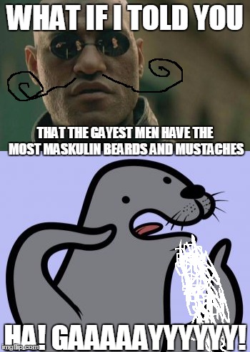 srsly! i cant be the only one noticing this pattern | WHAT IF I TOLD YOU; THAT THE GAYEST MEN HAVE THE MOST MASKULIN BEARDS AND MUSTACHES; HA! GAAAAAYYYYYY! | image tagged in matrix morpheus,homophobic seal,beards,memes | made w/ Imgflip meme maker