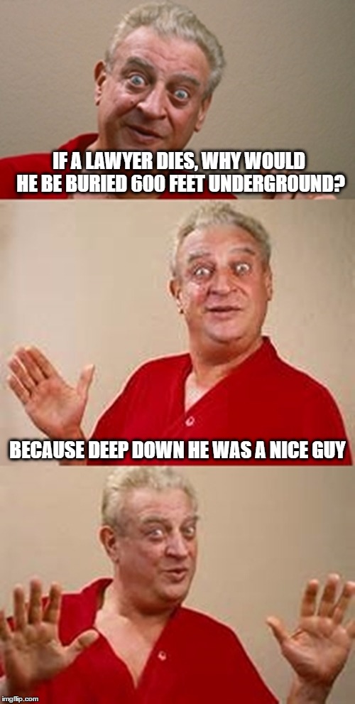 bad pun Dangerfield  | IF A LAWYER DIES, WHY WOULD HE BE BURIED 600 FEET UNDERGROUND? BECAUSE DEEP DOWN HE WAS A NICE GUY | image tagged in bad pun dangerfield | made w/ Imgflip meme maker