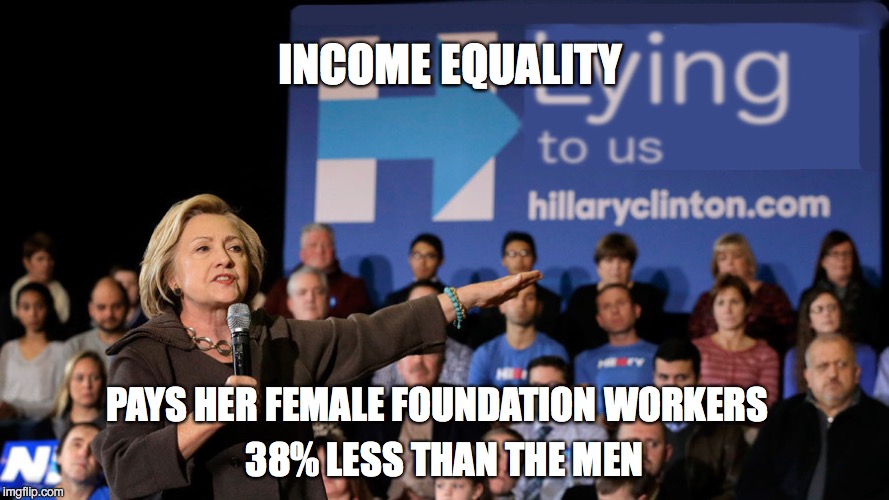 Hillary Just Might Be Fibbing About Women's Rights | INCOME EQUALITY; PAYS HER FEMALE FOUNDATION WORKERS; 38% LESS THAN THE MEN | image tagged in hillary,clinto,hillary clinton | made w/ Imgflip meme maker