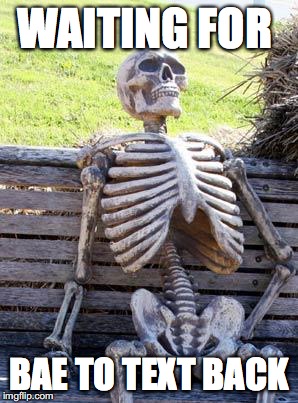Waiting Skeleton | WAITING FOR; BAE TO TEXT BACK | image tagged in memes,waiting skeleton | made w/ Imgflip meme maker