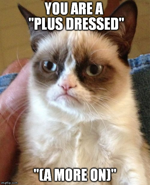 What are you if... | YOU ARE A  "PLUS DRESSED"; "(A MORE ON)" | image tagged in memes,grumpy cat | made w/ Imgflip meme maker