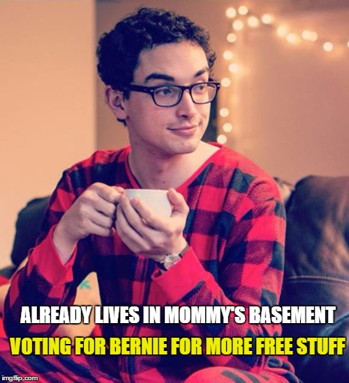 Millennials | VOTING FOR BERNIE FOR MORE FREE STUFF; ALREADY LIVES IN MOMMY'S BASEMENT | image tagged in memes | made w/ Imgflip meme maker