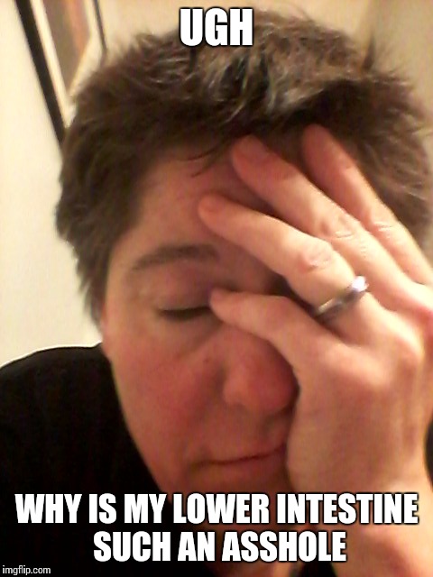 Waiting in line for record store day and I have to defecate |  UGH; WHY IS MY LOWER INTESTINE SUCH AN ASSHOLE | image tagged in facepalm | made w/ Imgflip meme maker