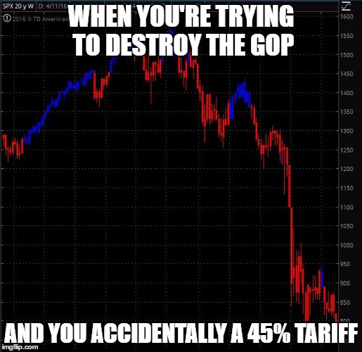 The Trump Gamble | WHEN YOU'RE TRYING TO DESTROY THE GOP; AND YOU ACCIDENTALLY A 45% TARIFF | image tagged in stock crash,memes,funny,politics | made w/ Imgflip meme maker