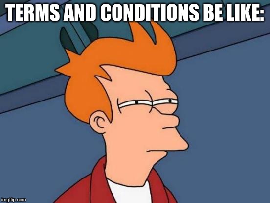 Futurama Fry Meme | TERMS AND CONDITIONS BE LIKE: | image tagged in memes,futurama fry | made w/ Imgflip meme maker