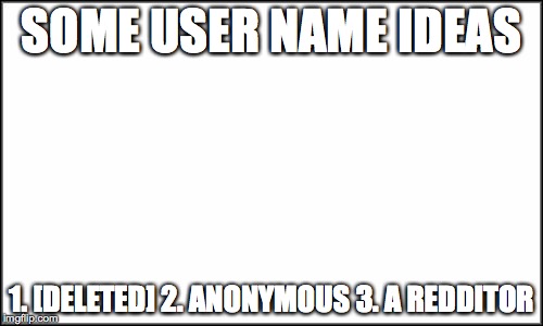just saying i would love anyone with one of these names | SOME USER NAME IDEAS; 1. [DELETED]
2. ANONYMOUS 3. A REDDITOR | image tagged in plain white,names,allthegoodusernamesweretakensoih | made w/ Imgflip meme maker
