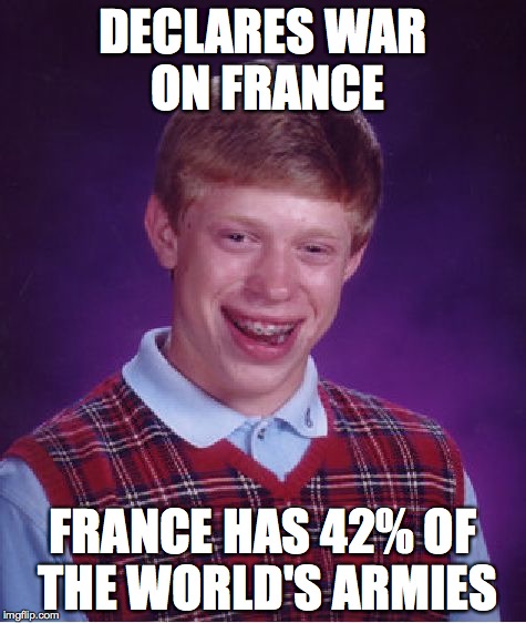 Bad Luck Brian Meme | DECLARES WAR ON FRANCE; FRANCE HAS 42% OF THE WORLD'S ARMIES | image tagged in memes,bad luck brian | made w/ Imgflip meme maker