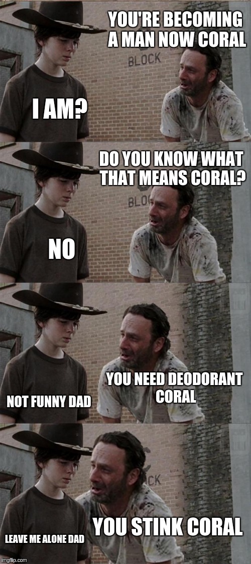 Rick and Carl Long | YOU'RE BECOMING A MAN NOW CORAL; I AM? DO YOU KNOW WHAT THAT MEANS CORAL? NO; YOU NEED DEODORANT CORAL; NOT FUNNY DAD; YOU STINK CORAL; LEAVE ME ALONE DAD | image tagged in memes,rick and carl long | made w/ Imgflip meme maker