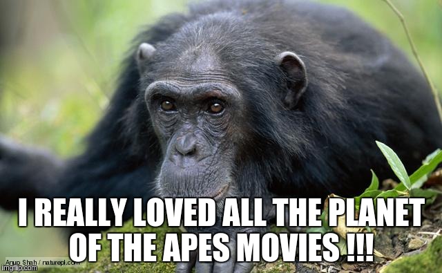 chimp actors were the best   | I REALLY LOVED ALL THE PLANET OF THE APES MOVIES !!! | image tagged in movie | made w/ Imgflip meme maker