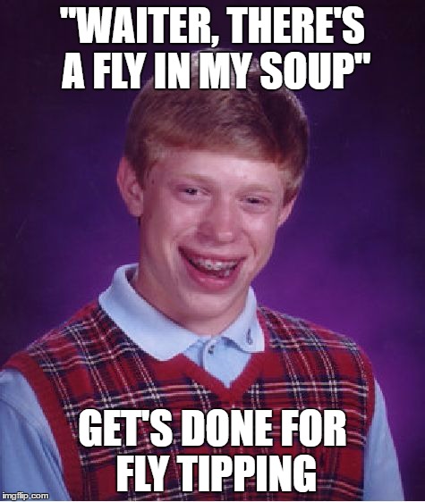 Bad Luck Brian | "WAITER, THERE'S A FLY IN MY SOUP"; GET'S DONE FOR FLY TIPPING | image tagged in memes,bad luck brian | made w/ Imgflip meme maker