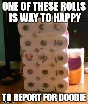 ONE OF THESE ROLLS IS WAY TO HAPPY; TO REPORT FOR DOODIE | image tagged in toilet humor,happy,not happy | made w/ Imgflip meme maker