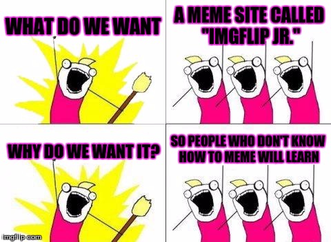 Imgflip Jr. its a good idea. | WHAT DO WE WANT; A MEME SITE CALLED "IMGFLIP JR."; SO PEOPLE WHO DON'T KNOW HOW TO MEME WILL LEARN; WHY DO WE WANT IT? | image tagged in memes,what do we want | made w/ Imgflip meme maker