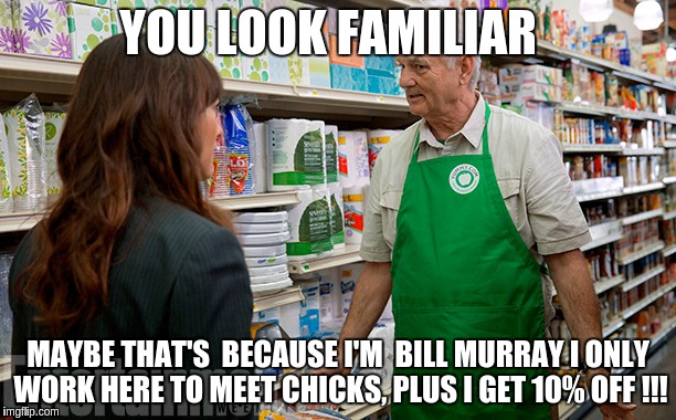 angie tribeca  | YOU LOOK FAMILIAR; MAYBE THAT'S  BECAUSE I'M  BILL MURRAY I ONLY WORK HERE TO MEET CHICKS, PLUS I GET 10% OFF !!! | image tagged in tv show | made w/ Imgflip meme maker