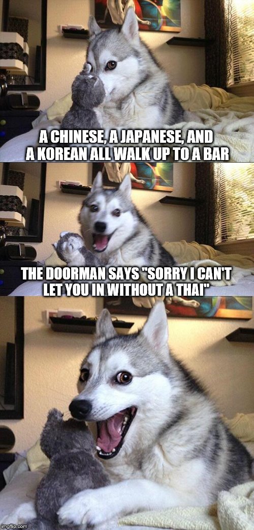 Bad Pun Dog Meme | A CHINESE, A JAPANESE, AND A KOREAN ALL WALK UP TO A BAR; THE DOORMAN SAYS "SORRY I CAN'T LET YOU IN WITHOUT A THAI" | image tagged in memes,bad pun dog | made w/ Imgflip meme maker