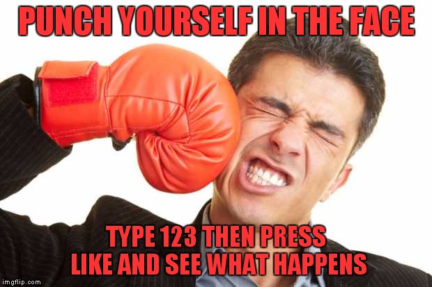 Wait, What? | PUNCH YOURSELF IN THE FACE; TYPE 123 THEN PRESS LIKE AND SEE WHAT HAPPENS | image tagged in memes | made w/ Imgflip meme maker