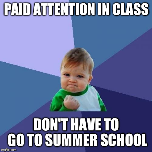 Success Kid Meme | PAID ATTENTION IN CLASS DON'T HAVE TO GO TO SUMMER SCHOOL | image tagged in memes,success kid | made w/ Imgflip meme maker