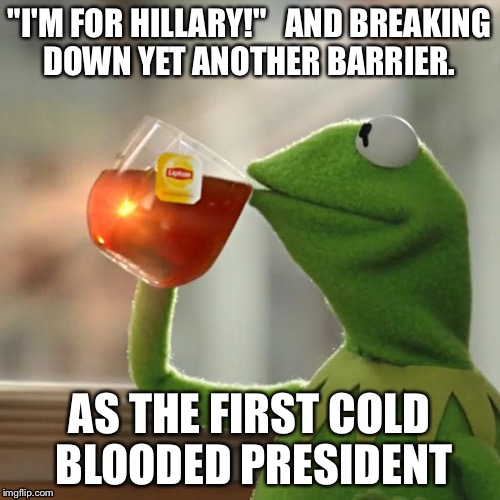 But That's None Of My Business | "I'M FOR HILLARY!"  
AND BREAKING DOWN YET ANOTHER BARRIER. AS THE FIRST COLD BLOODED PRESIDENT | image tagged in memes,but thats none of my business,kermit the frog | made w/ Imgflip meme maker