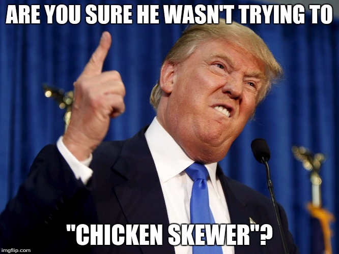trump | ARE YOU SURE HE WASN'T TRYING TO "CHICKEN SKEWER"? | image tagged in trump | made w/ Imgflip meme maker