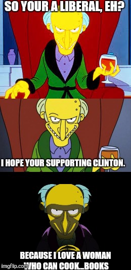 Evil Like Me | SO YOUR A LIBERAL, EH? I HOPE YOUR SUPPORTING CLINTON. BECAUSE I LOVE A WOMAN WHO CAN COOK...BOOKS | image tagged in hillary clinton | made w/ Imgflip meme maker