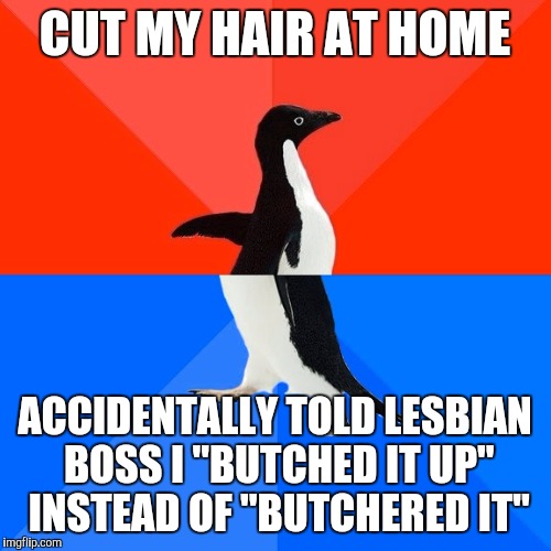 Socially Awesome Awkward Penguin | CUT MY HAIR AT HOME; ACCIDENTALLY TOLD LESBIAN BOSS I "BUTCHED IT UP" INSTEAD OF "BUTCHERED IT" | image tagged in memes,socially awesome awkward penguin | made w/ Imgflip meme maker