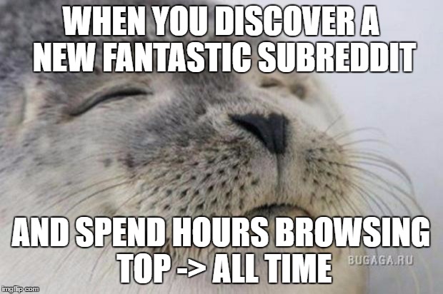 Happy Seal | WHEN YOU DISCOVER A NEW FANTASTIC SUBREDDIT; AND SPEND HOURS BROWSING TOP -> ALL TIME | image tagged in happy seal,AdviceAnimals | made w/ Imgflip meme maker