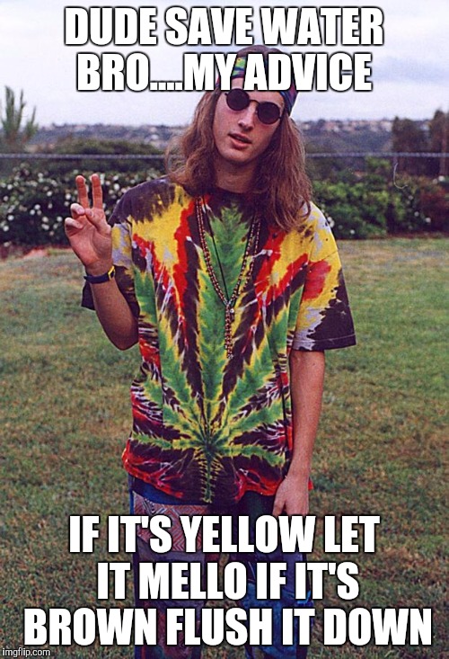 Hippie | DUDE SAVE WATER BRO....MY ADVICE; IF IT'S YELLOW LET IT MELLO IF IT'S BROWN FLUSH IT DOWN | image tagged in hippie | made w/ Imgflip meme maker