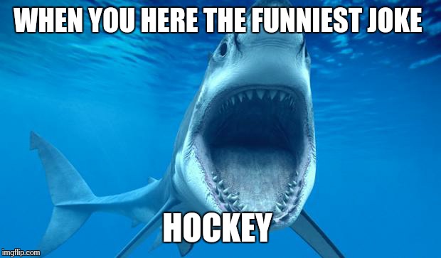 shark open mouth | WHEN YOU HERE THE FUNNIEST JOKE; HOCKEY | image tagged in shark open mouth | made w/ Imgflip meme maker