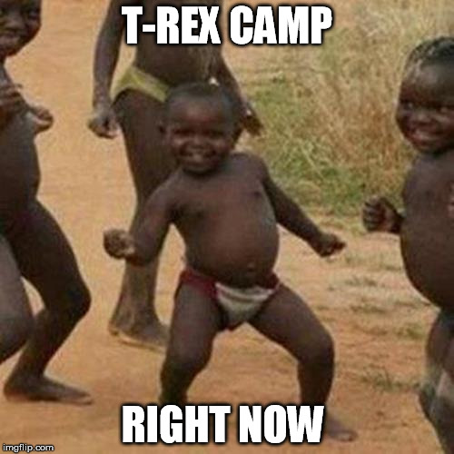 Third World Success Kid Meme | T-REX CAMP; RIGHT NOW | image tagged in memes,third world success kid | made w/ Imgflip meme maker