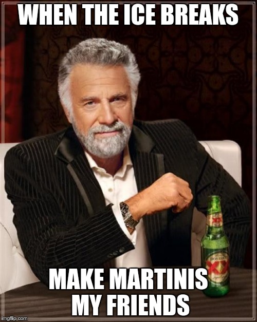 The Most Interesting Man In The World Meme | WHEN THE ICE BREAKS MAKE MARTINIS MY FRIENDS | image tagged in memes,the most interesting man in the world | made w/ Imgflip meme maker