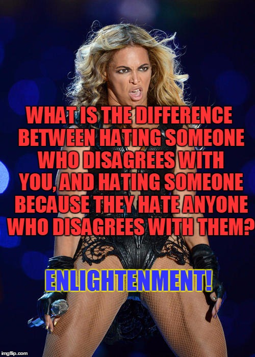 Ermahgerd Beyonce | WHAT IS THE DIFFERENCE BETWEEN HATING SOMEONE WHO DISAGREES WITH YOU, AND HATING SOMEONE BECAUSE THEY HATE ANYONE WHO DISAGREES WITH THEM? ENLIGHTENMENT! | image tagged in memes,ermahgerd beyonce | made w/ Imgflip meme maker