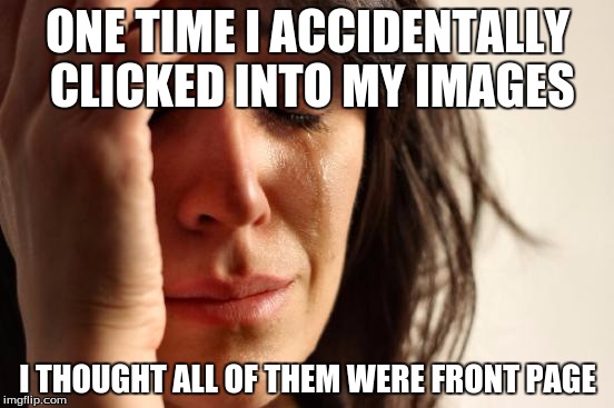 First World Problems | ONE TIME I ACCIDENTALLY CLICKED INTO MY IMAGES; I THOUGHT ALL OF THEM WERE FRONT PAGE | image tagged in memes,first world problems | made w/ Imgflip meme maker