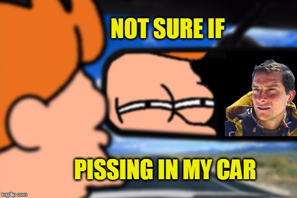 Fry not sure Car Bear Grylls version. | NOT SURE IF; PISSING IN MY CAR | image tagged in bear grylls,fry not sure car version,peeing,what if i told you | made w/ Imgflip meme maker