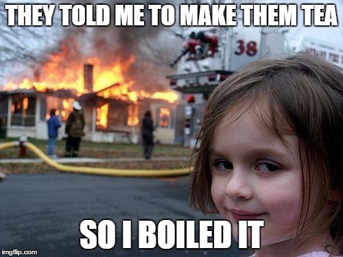 Disaster Girl | THEY TOLD ME TO MAKE THEM TEA; SO I BOILED IT | image tagged in memes,disaster girl | made w/ Imgflip meme maker